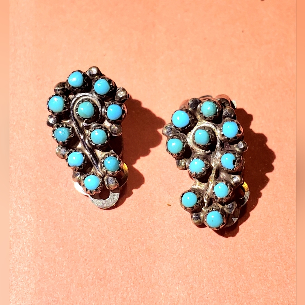 Vintage 925 Native American sterling silver&turquoise snake eye clip on earrings